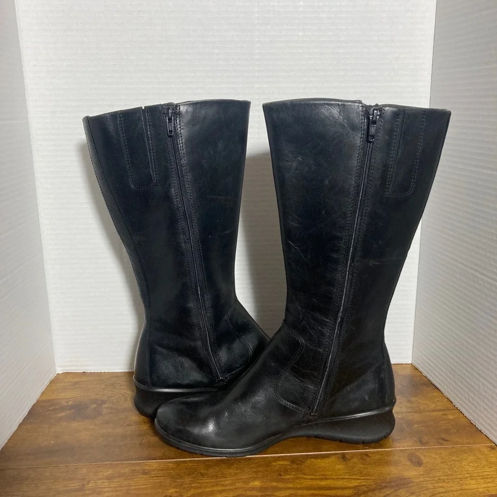 ECCO Gore-Tex Black Leather Tall Boots Women EU‎ 38 Side Zip Waterproof Comfort